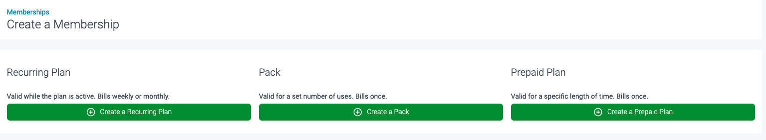 The different Membership plans available in TeamUp
