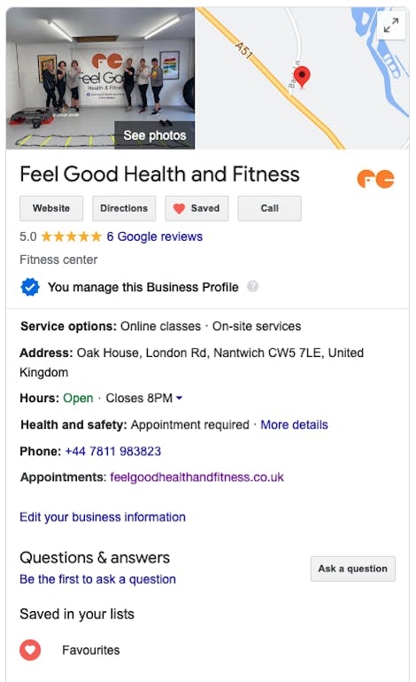 Clare's completed Google My Business listing
