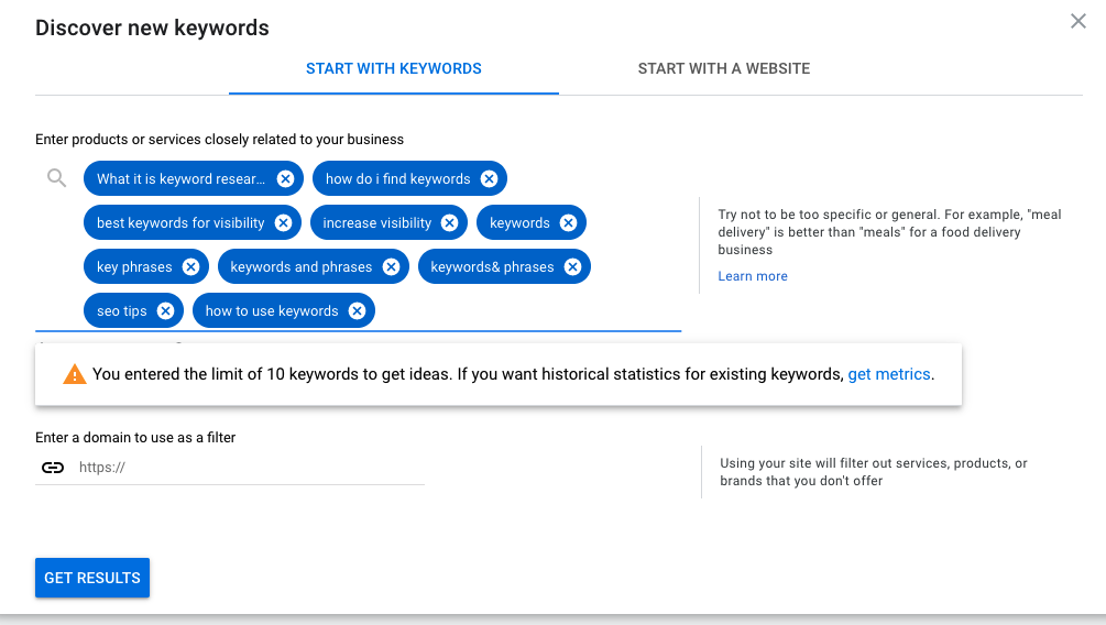 10 Search terms typed into the Keyword Planner search tool