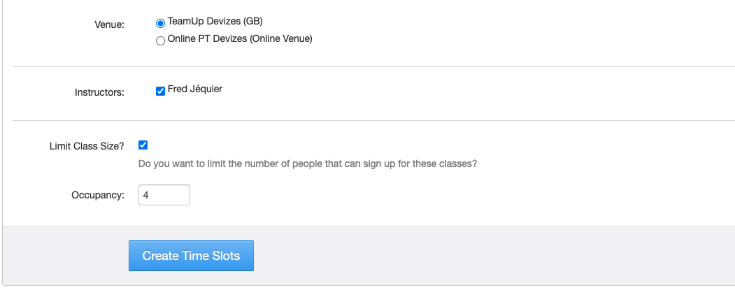 Setting up venue, instructor, and class size