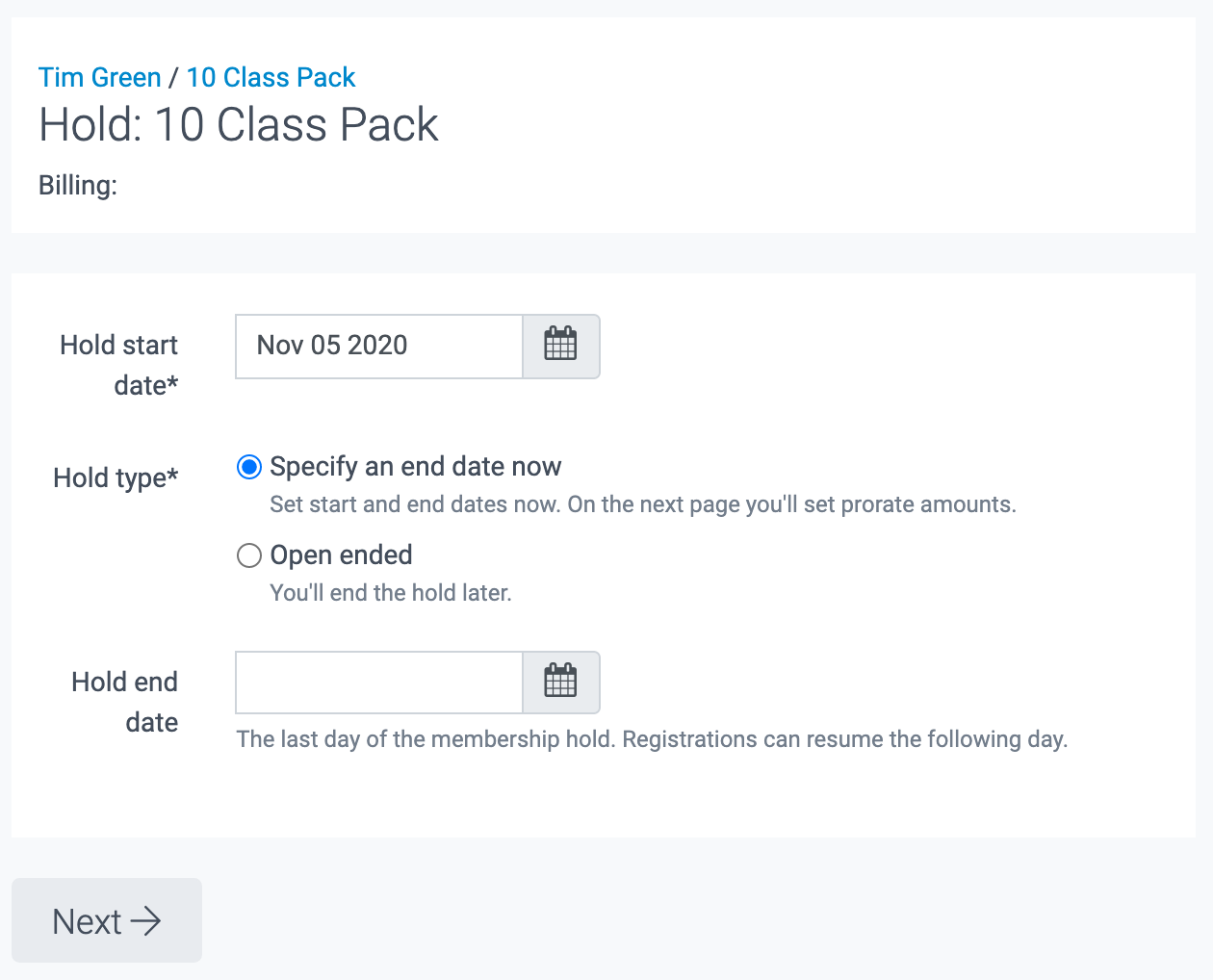 image of putting a class pack on hold