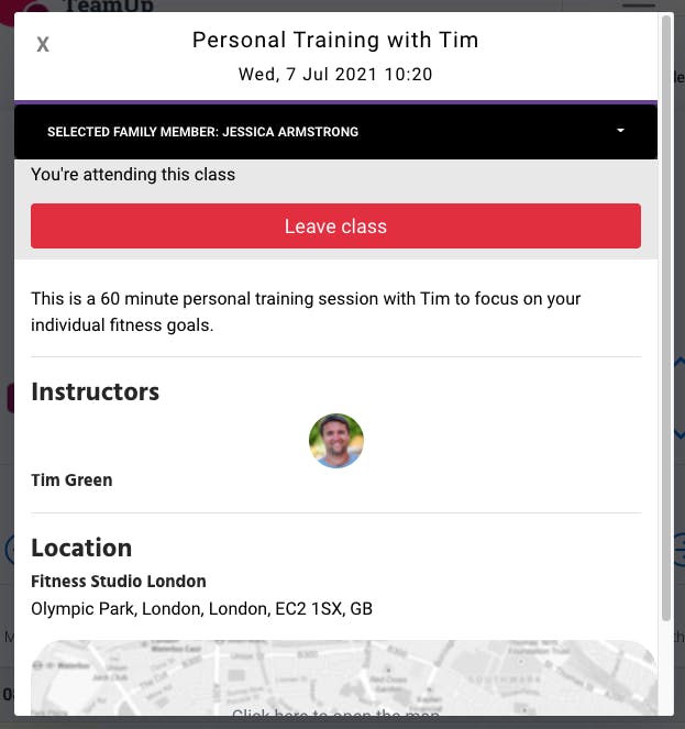 personal training confirmation in teamup