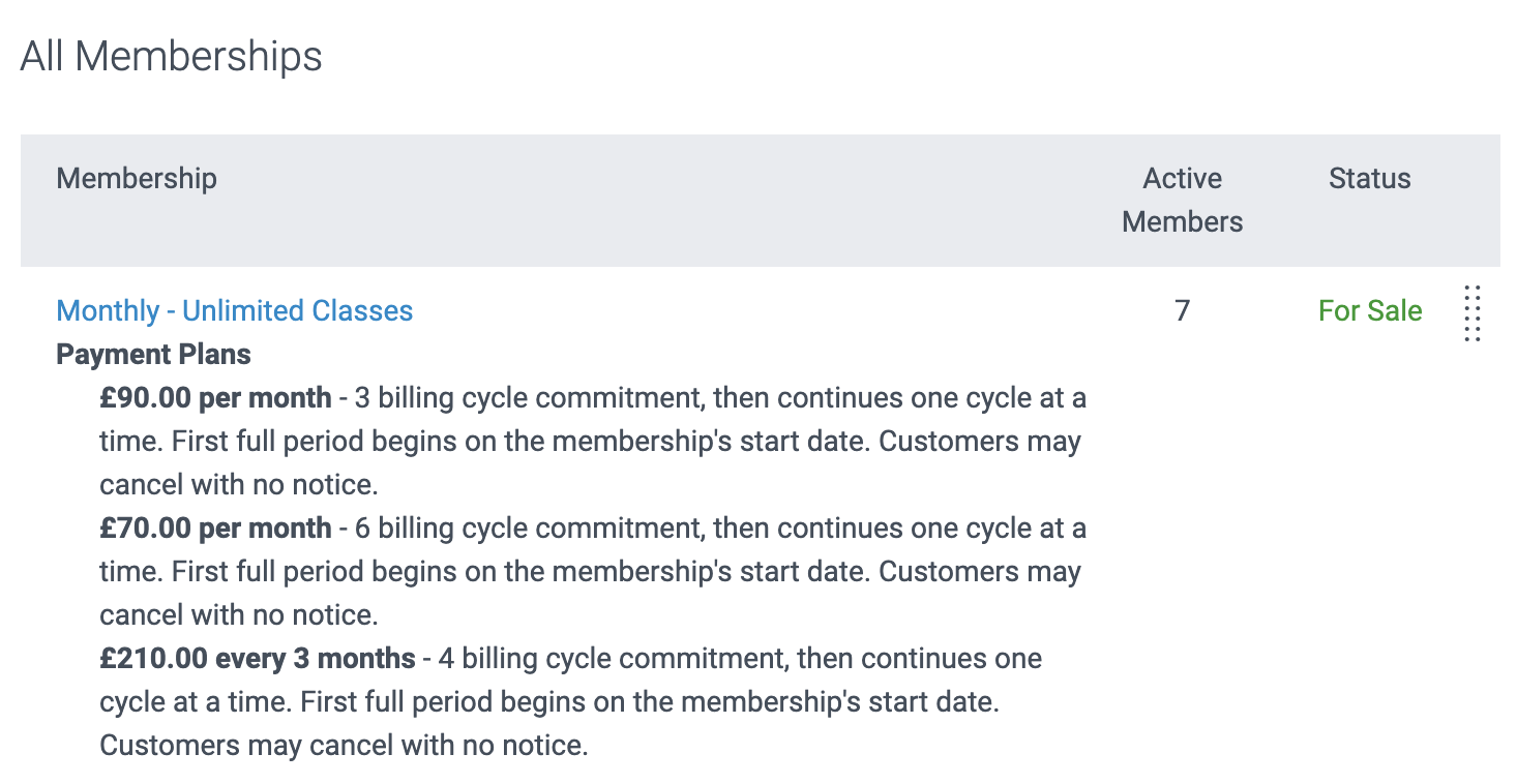 image of a list of all memberships and payment plans