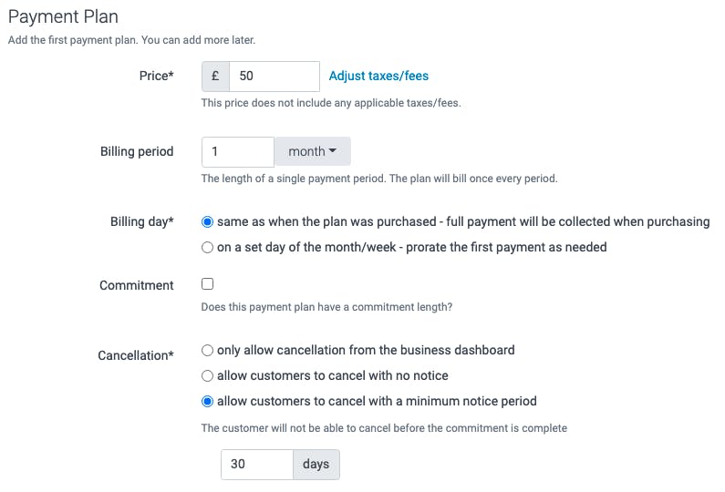 A payment plan in TeamUp