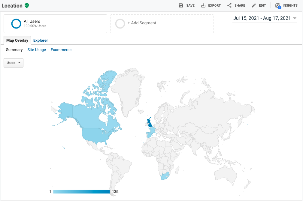 A map illustrating where users are based