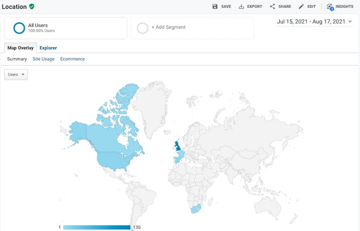 A map illustrating where users are based
