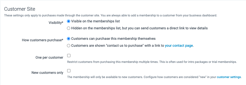 Options for how customers will view the membership plan