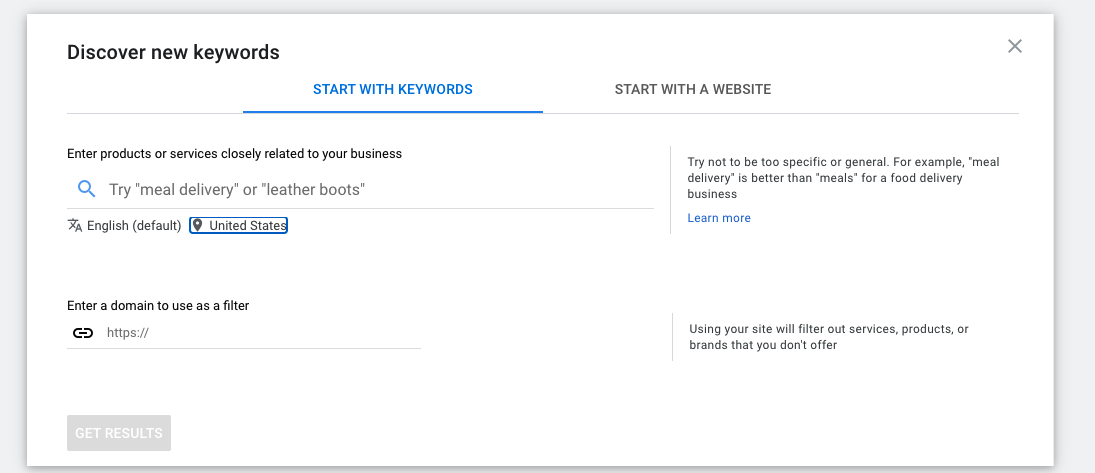 Keyword Planner search tool