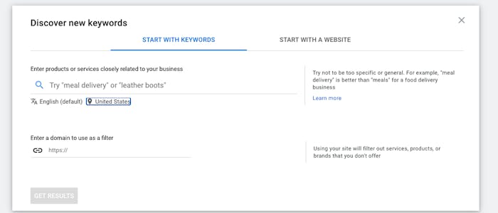 Keyword Planner search tool