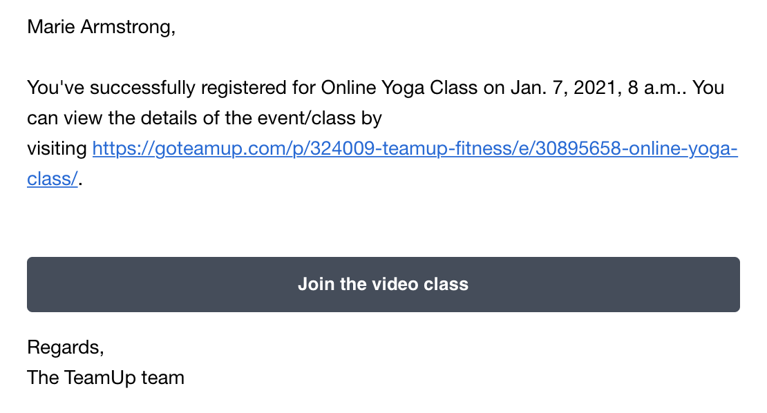 image of the online class email confirmation