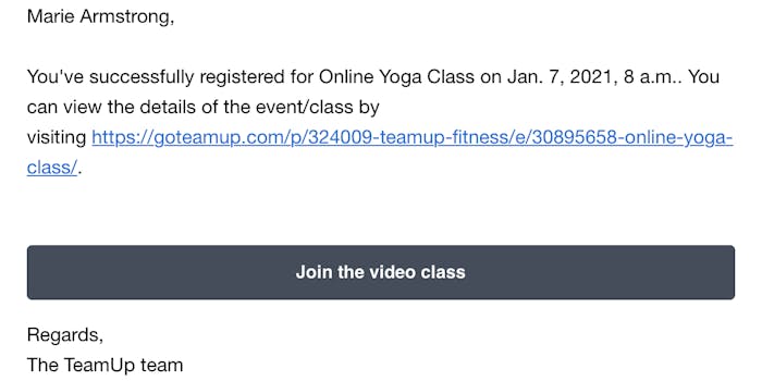 image of the online class email confirmation