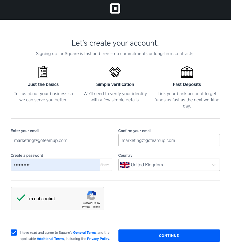 The 'Create your account' page in square