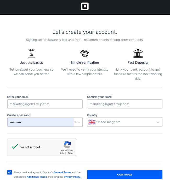 The 'Create your account' page in square