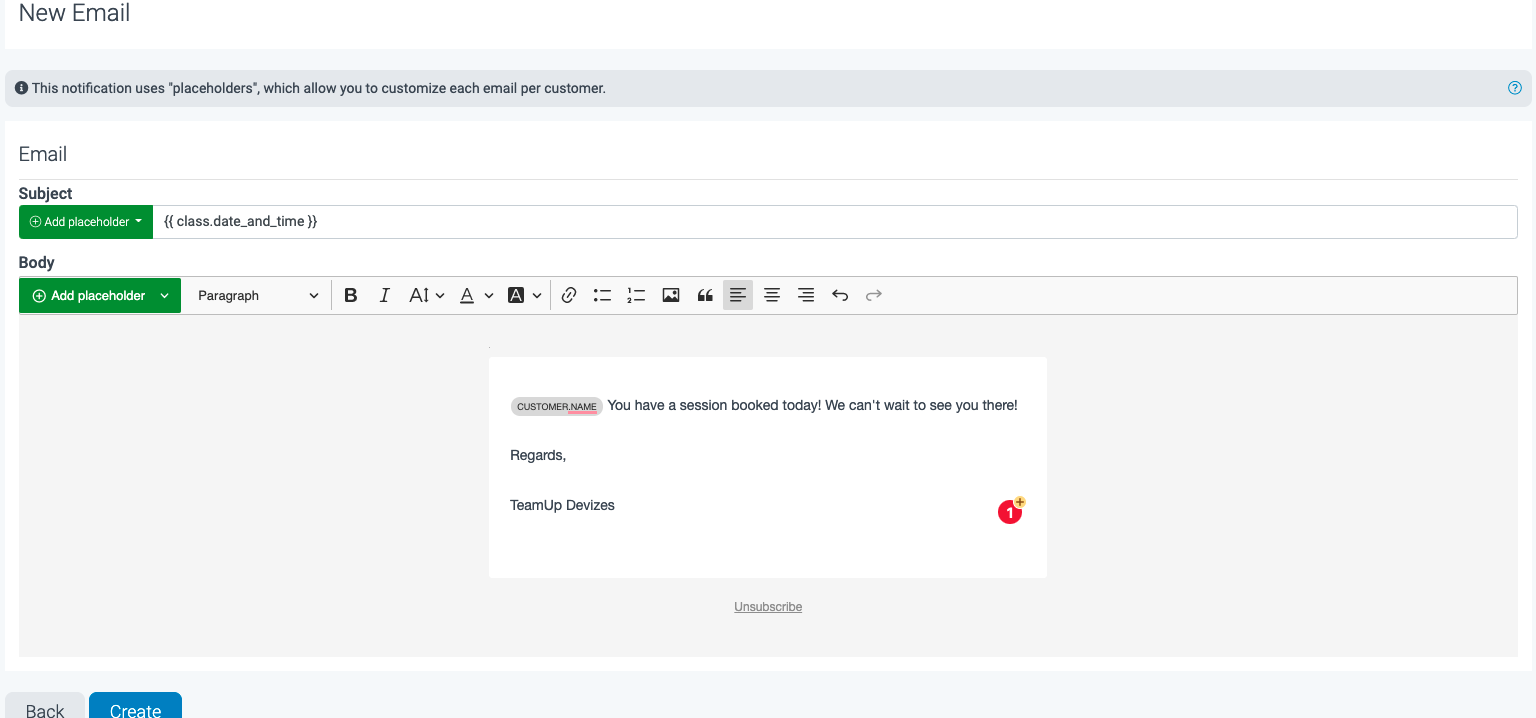 An example reminder email