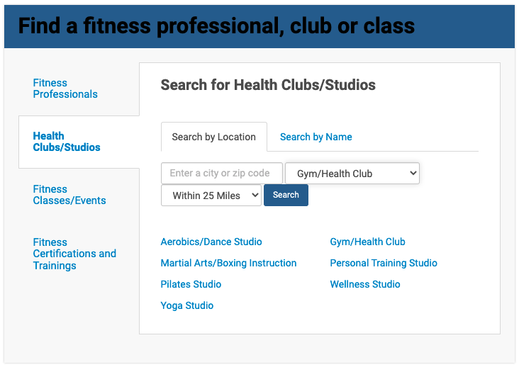 IDEA FitnessConnect search page