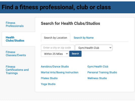 IDEA FitnessConnect search page