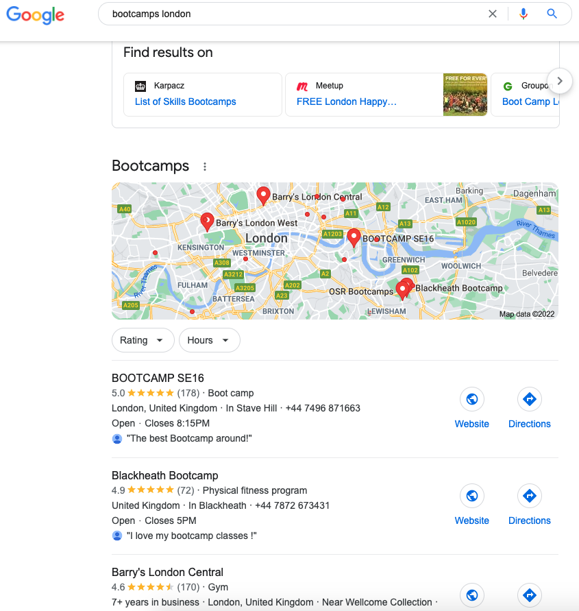 A search result on Google Maps and Google My Business 