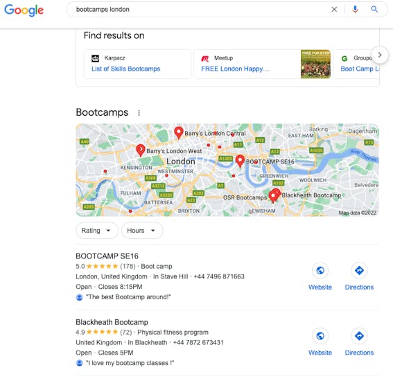 A search result on Google Maps and Google My Business