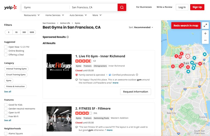 Yelp search results in San Francisco