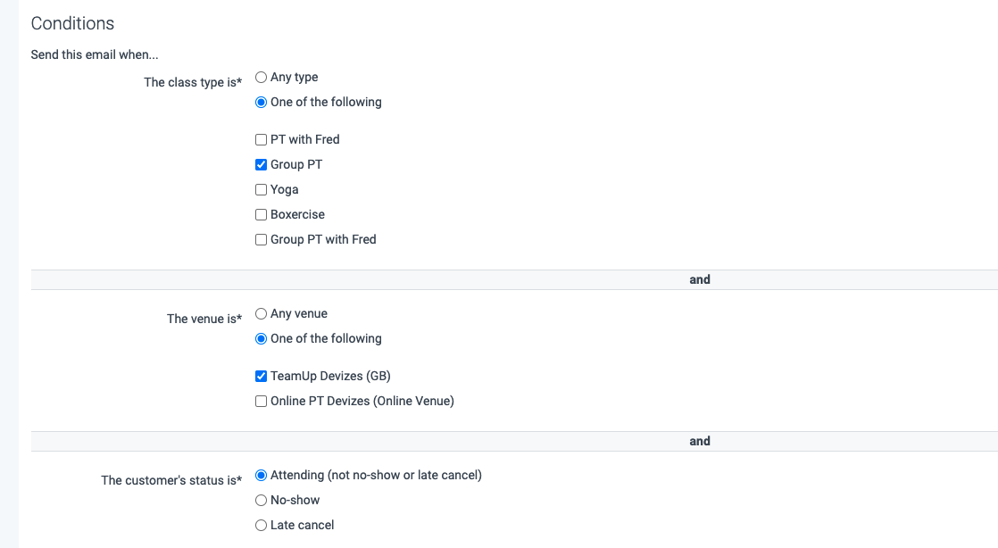 Setting the email conditions