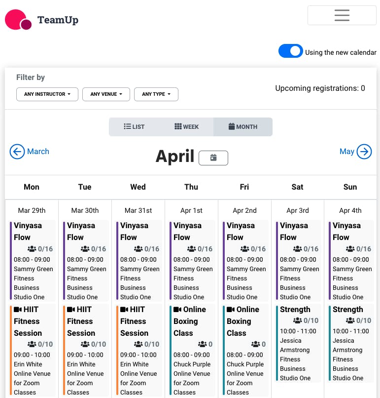 teamup customer calendar month view