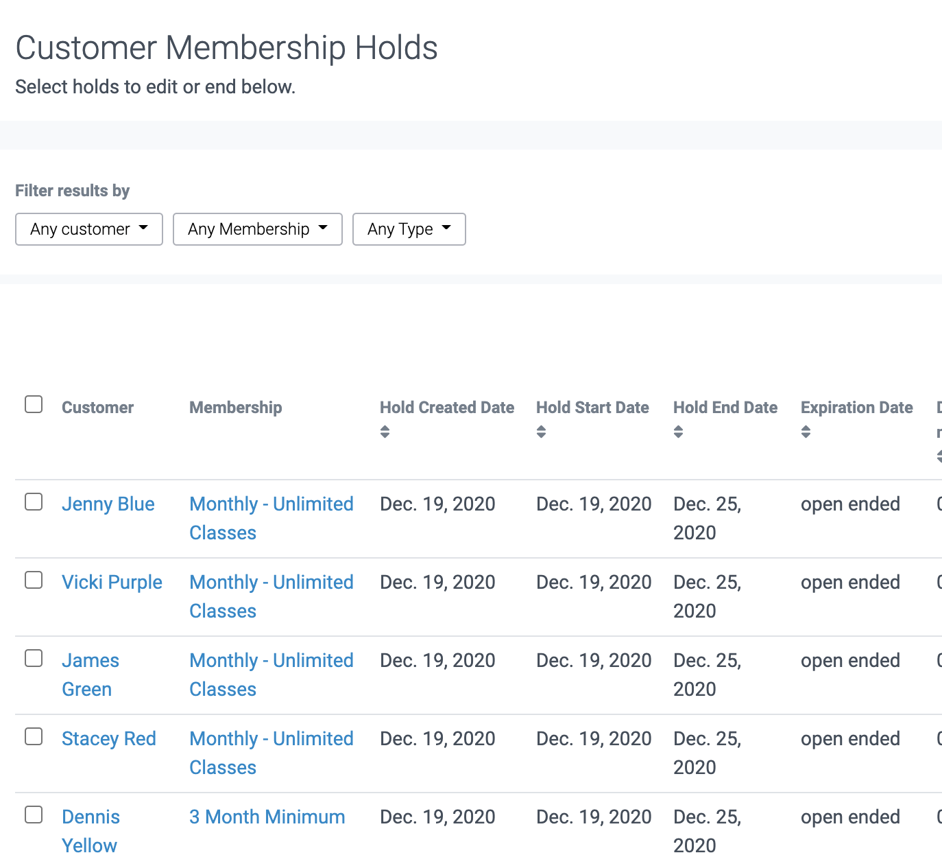image of customer membership holds page