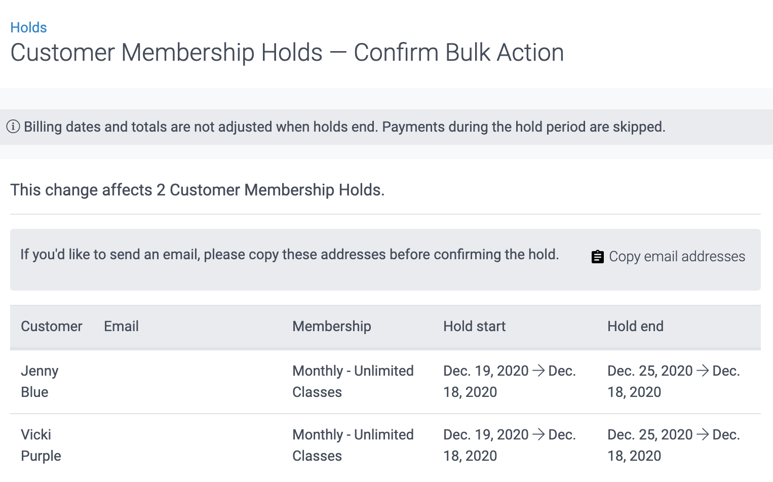 image of customer memebrship holds - confirm bulk action page