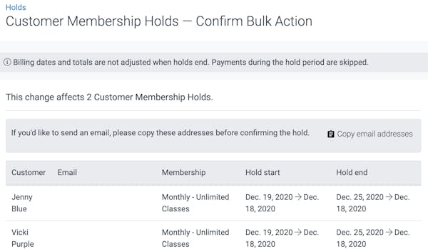 image of customer memebrship holds - confirm bulk action page