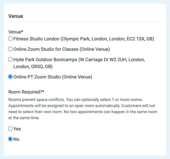 venues for online appointments