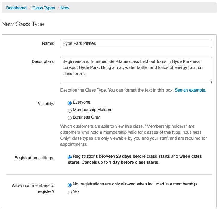 creating a class type in the teamup dashboard