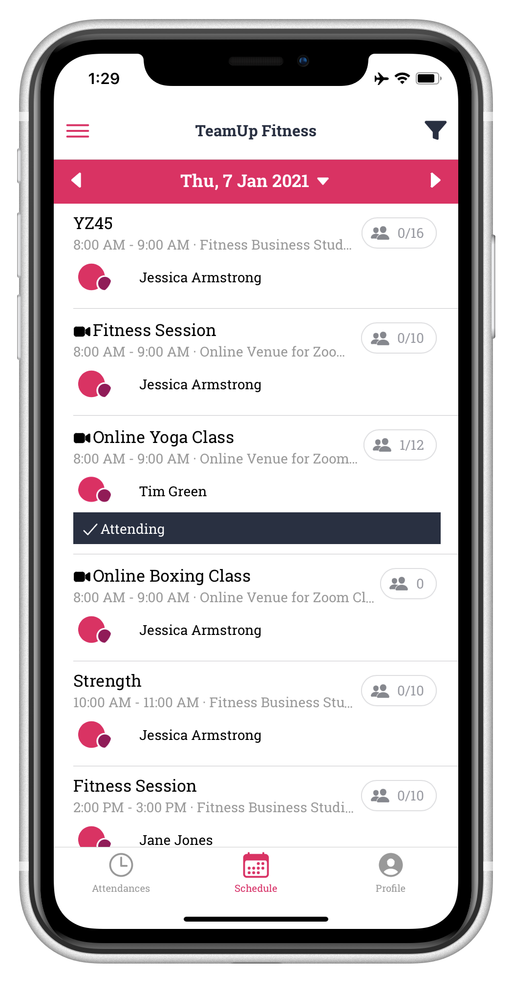 image of the online class schedule in the teamup app
