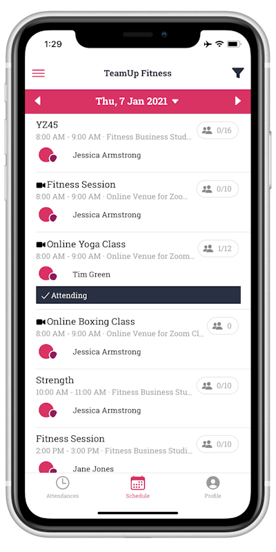 image of the online class schedule in the teamup app