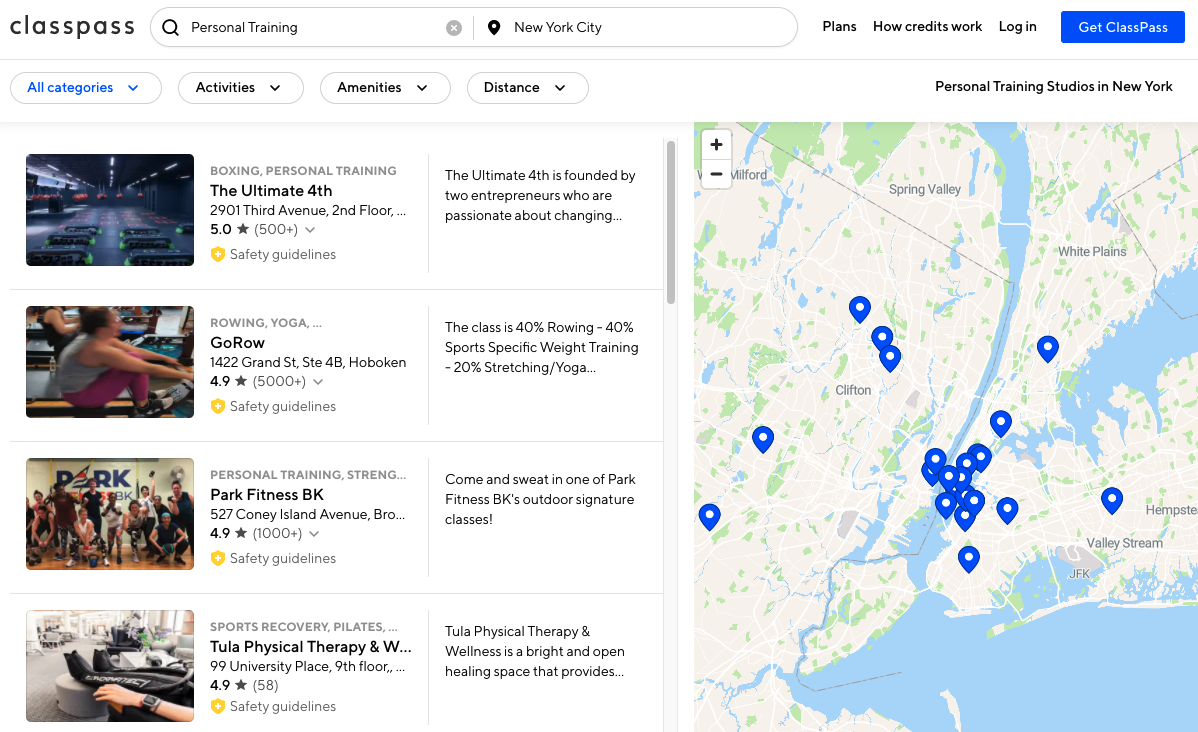 ClassPass search results in New York state