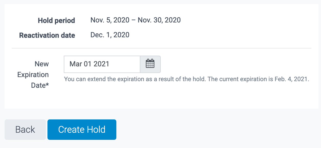 image of the hold details and period of time