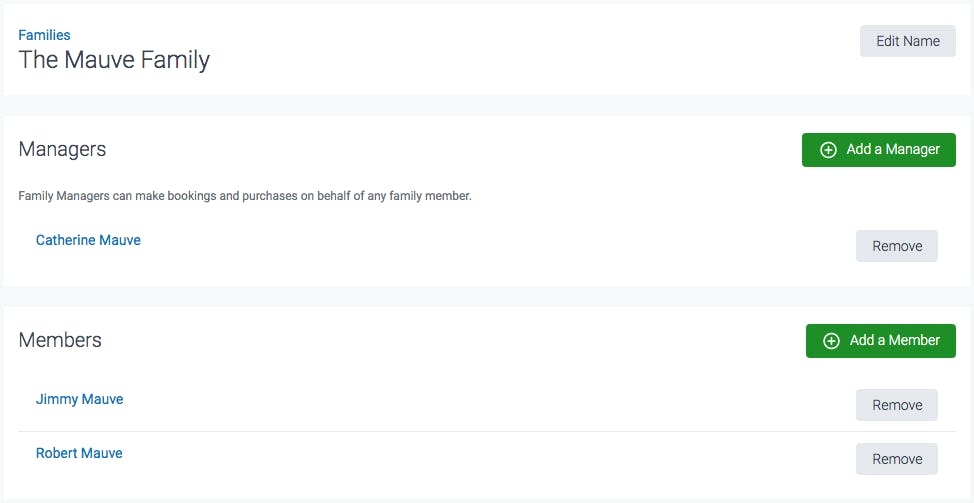 Image is screenshot that says The Mauve Family, Managers [Add a Manager] and Members [Add a Member]