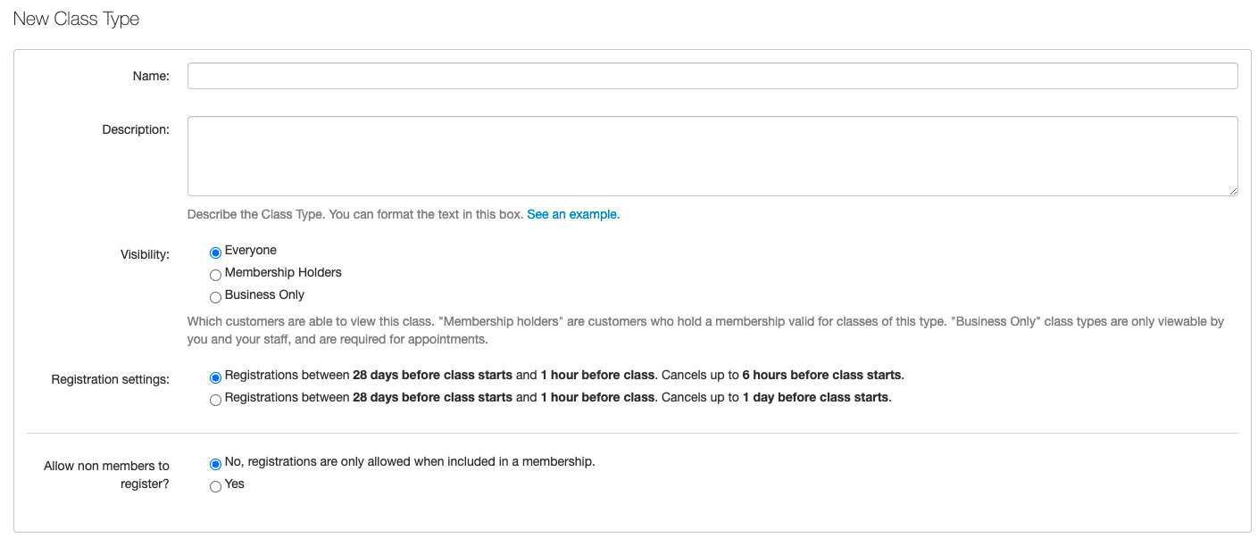 Configuring class types in TeamUp