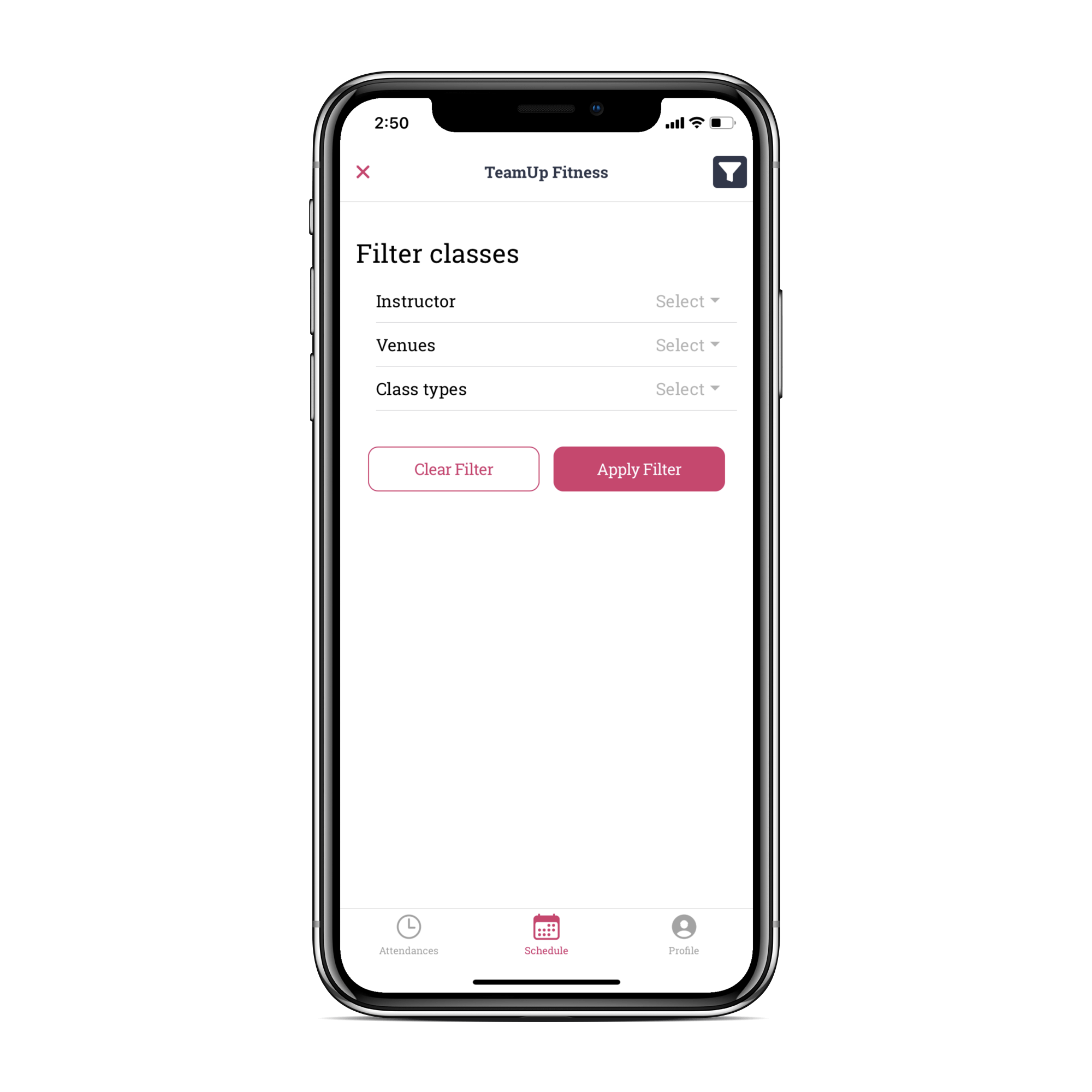 image of the member app filter classes page