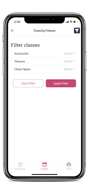 image of the member app filter classes page