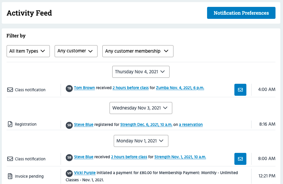 Customers' activity feed.