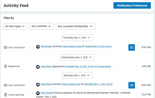 Customers' activity feed.
