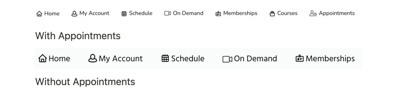 The difference on the customer dashboard with and without the Appointments option.