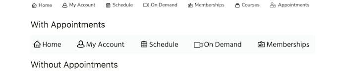The difference on the customer dashboard with and without the Appointments option.