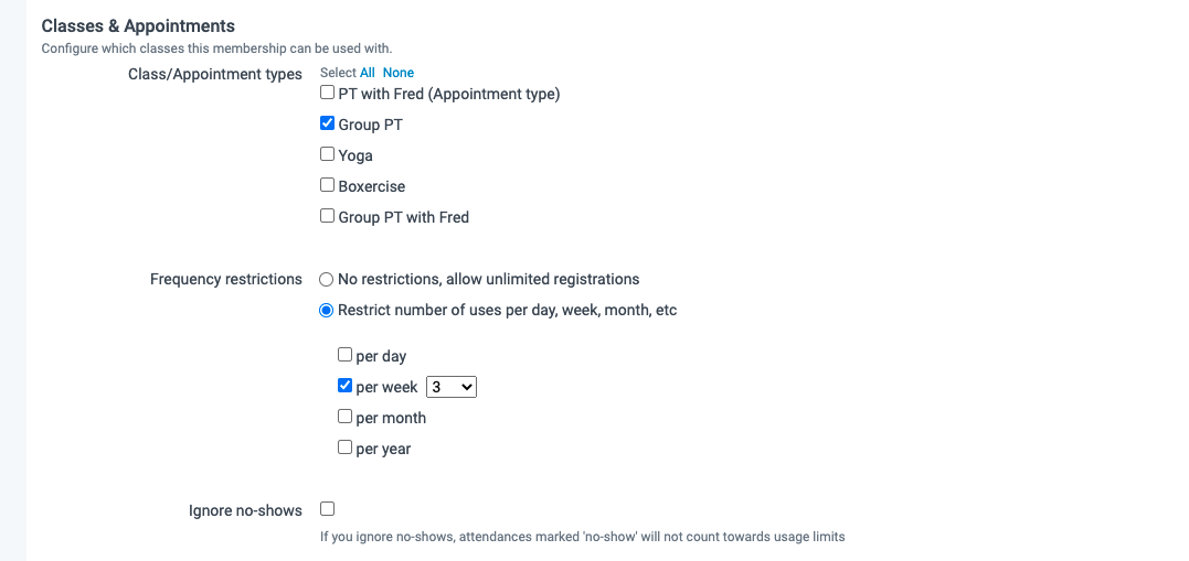 How to configure which classes can be used with this membership plan