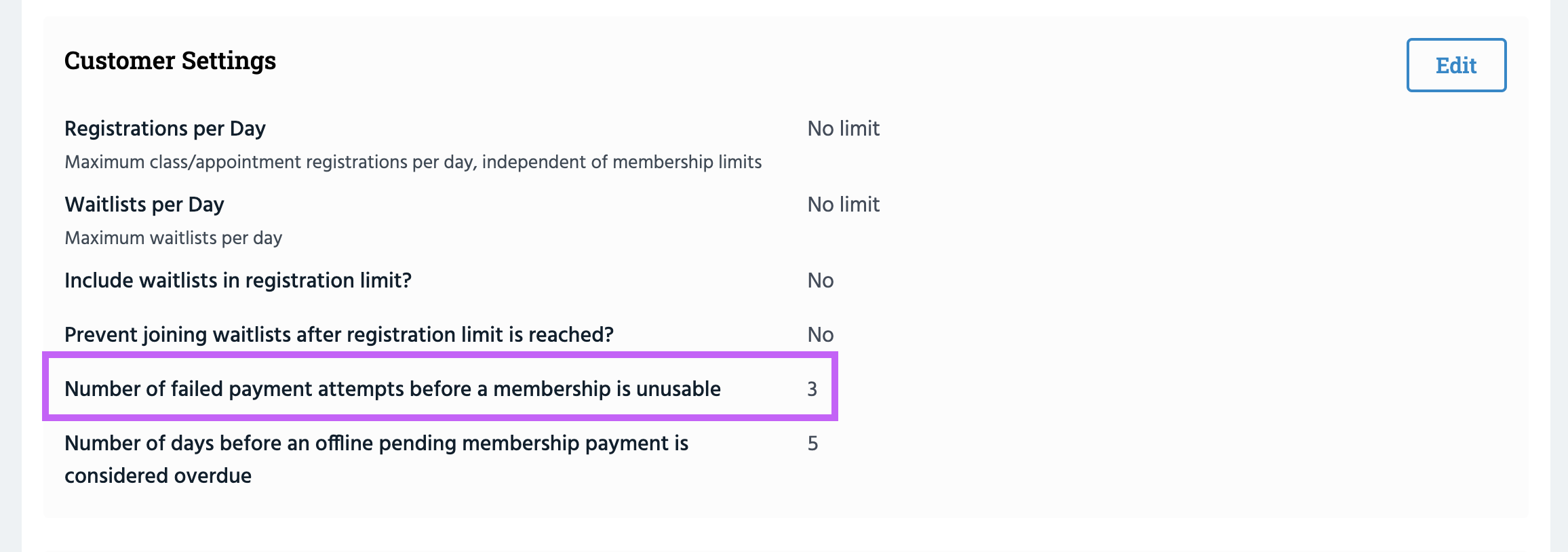 Set parameters for payments in customer settings.