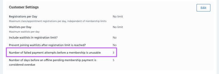 Set parameters for payments in customer settings.
