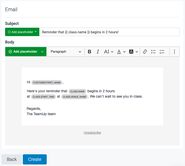 An automated notification email being written in the dashboard.