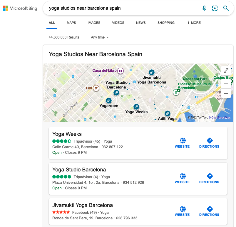 Microsoft Bing searh results in Barcelona 