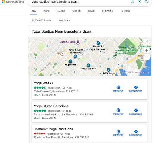 Microsoft Bing searh results in Barcelona
