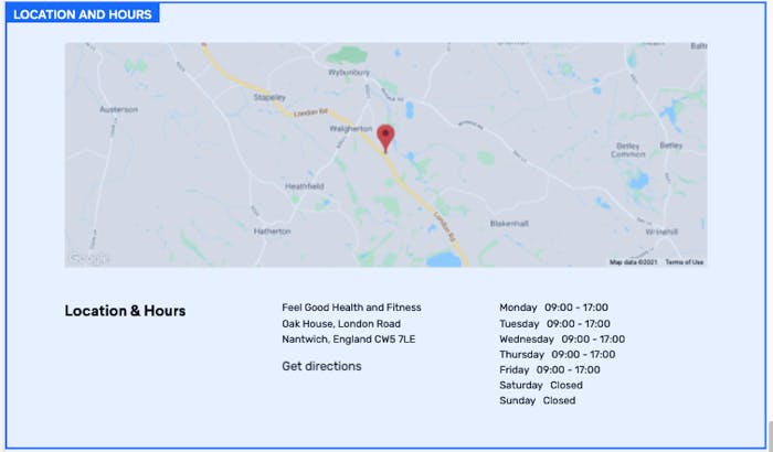 Google map image and detailed operating hours for Feel Good Health & Fitness