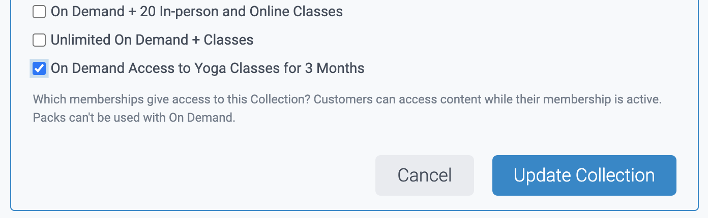membership options in the collections in teamup